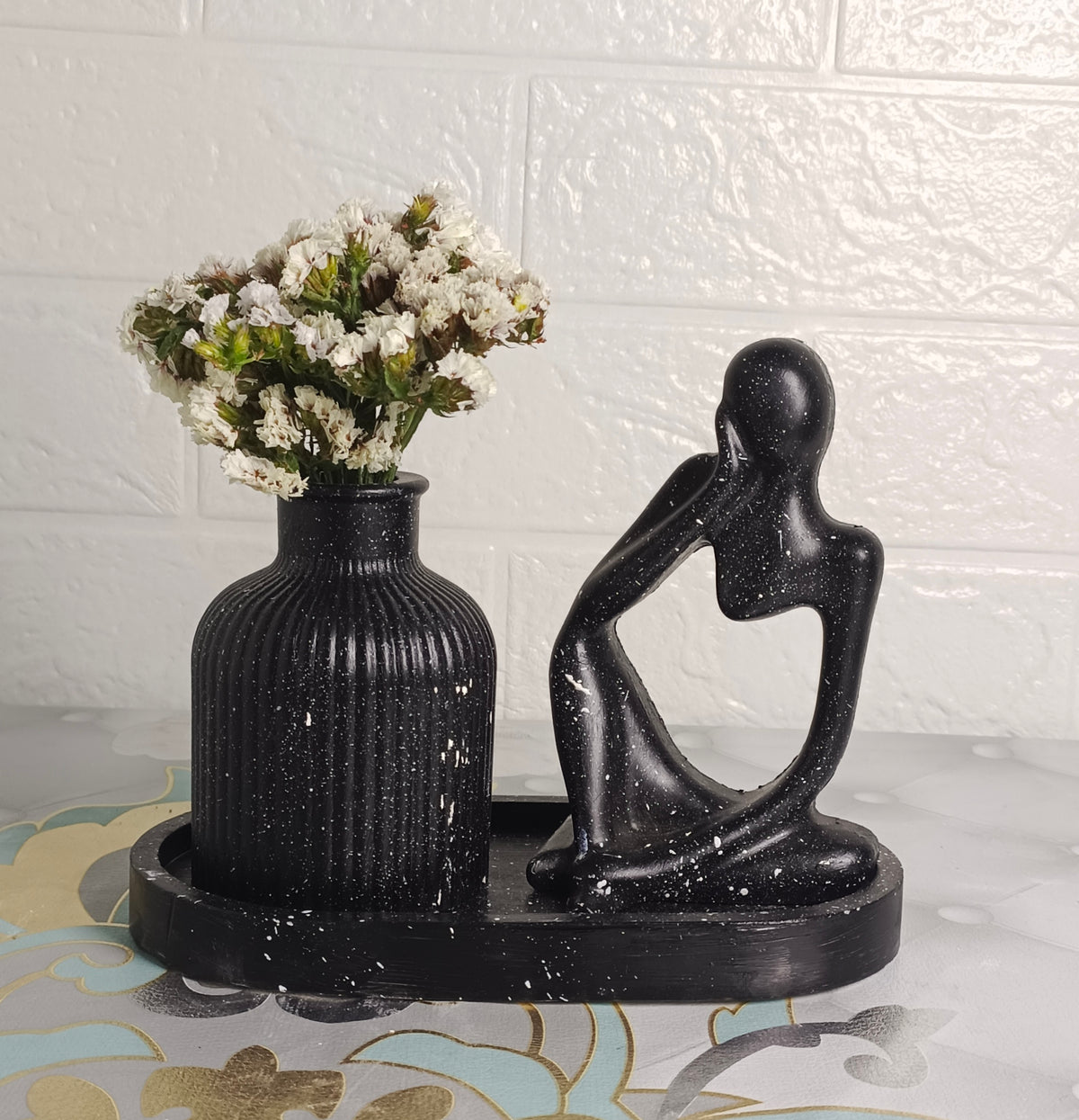Handcrafted Fluted Vase & Thinker Statue Decor Set