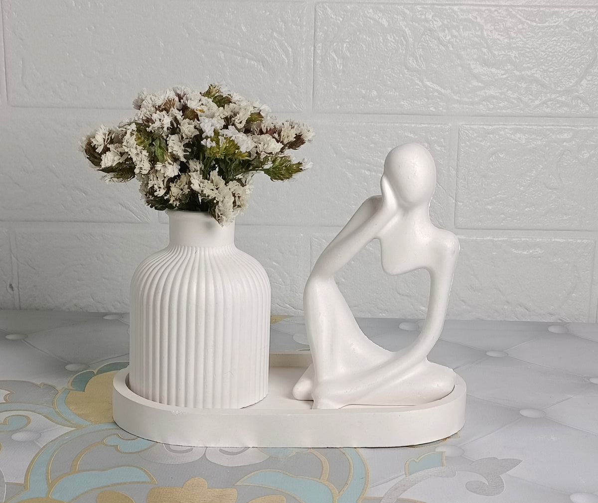 Handcrafted Fluted Vase & Thinker Statue Decor Set
