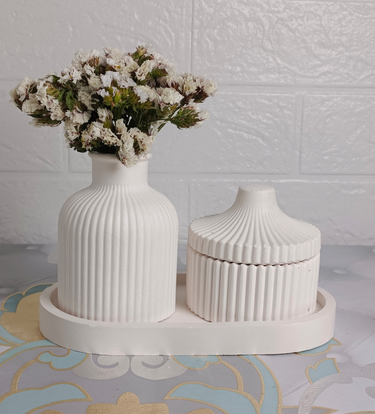 Handcrafted Fluted Vase & Lidded Jar Decor
