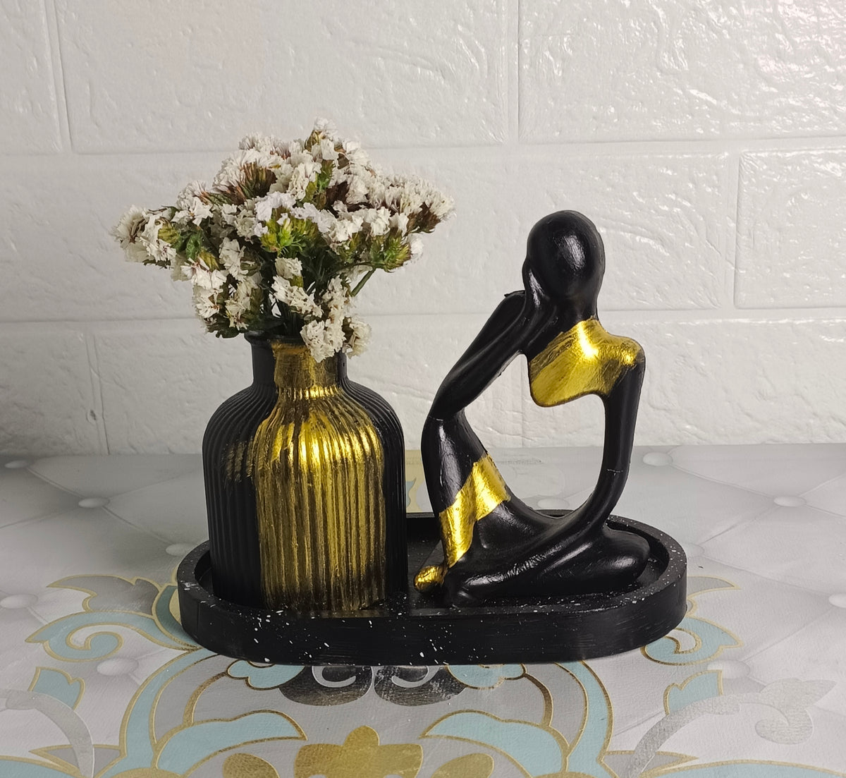 Handcrafted Fluted Vase & Thinker Statue Decor Set